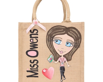先生へのジュートギフト パーソナライズされたトートバッグ アシスタントティーチャー用トートショッピングバッグ 似顔絵ハンドバッグ ラージ