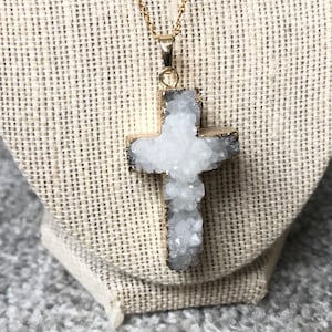 White Druzy Cross Necklace With Gold Plated Hypo-Allergenic Chain