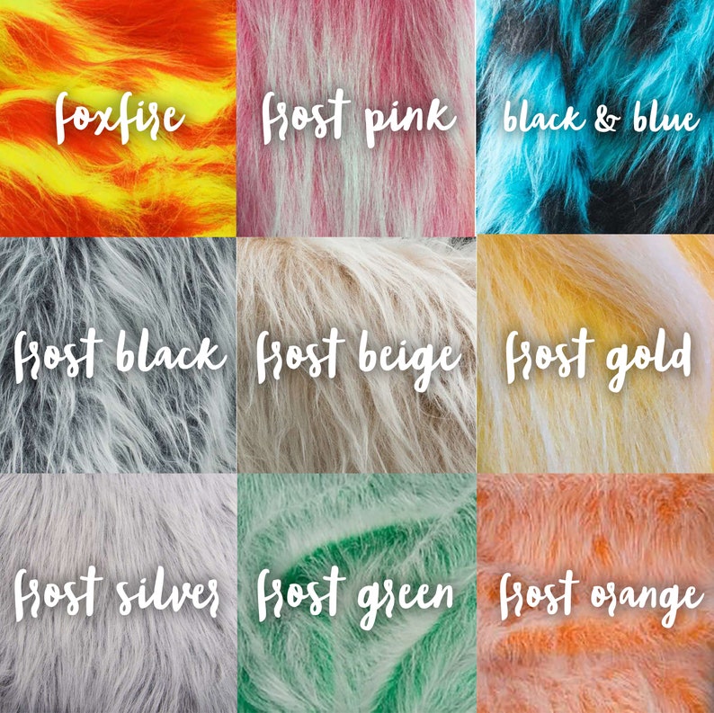 Op de afbeelding: Negen kleurrijke nepbontstalen. Kleuren zijn foxfire, frost pink, black & blue, frost black, frost beige, frost gold, frost silver, frost green en frost orange. Elke staal heeft een andere kleur en textuur, met de kleurnaam in witte letters.