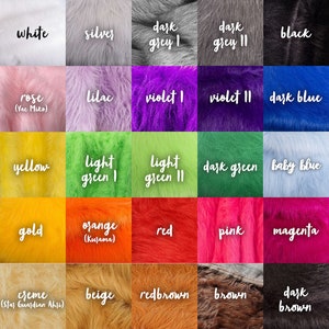 Op de afbeelding: Een kleurenkaart met stalen van imitatiebont in verschillende tinten. Kleuren zijn onder meer wit, zilver, donkergrijs, zwart, roze, lila, violet, donkerblauw, geel, lichtgroen, donkergroen, babyblauw, goud, oranje, rood, roze, magenta, cr&egrave;me, beige, roodbruin, bruin en donkerbruin.