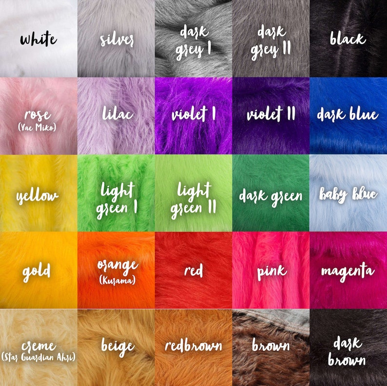 Op de afbeelding: Een kleurenkaart met stalen van imitatiebont in verschillende tinten. Kleuren zijn onder meer wit, zilver, donkergrijs, zwart, roze, lila, violet, donkerblauw, geel, lichtgroen, donkergroen, babyblauw, goud, oranje, rood, roze, magenta, cr&egrave;me, beige, roodbruin, bruin en donkerbruin.