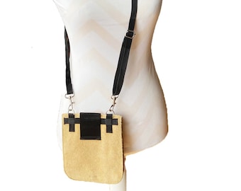 Suede Leather Vintage Purse, wallet, handbag, Beige & Black, Long strap bag, crossbody bag