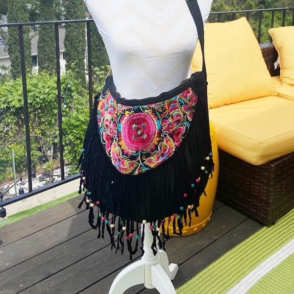 Black crossbody handbag Ethnic Boho Handbag, Shoulder bag, Black Embroidered Beach Bag, Tassel Thai handbag velvet Black Pink Hmong