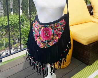 Black crossbody handbag Ethnic Boho Handbag, Shoulder bag, Black Embroidered Beach Bag, Tassel Thai handbag velvet Black Pink Hmong