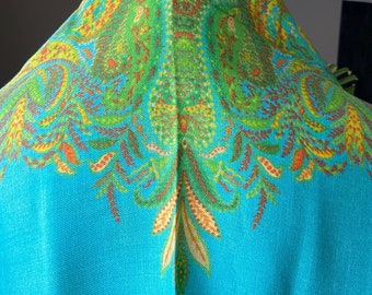 Rare Turquoise Paisley Pashmina Cashmere shawl, Pashmina Scarf Kashmiri print, 100% pure wool Indian Paisley wrap, Wedding eco fashion