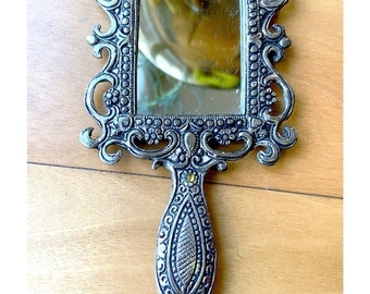 ANTIQUE HAND MIRROR-Etched Silver Royal Hand mirror- Rare Home Decor- Royal Indian Turkish Artifact - One of a kind Unique Keepsake