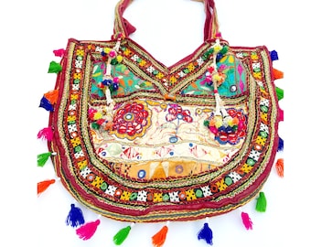 Ethnic Boho Handbag, Shoulder bag, Vintage Half Moon Beach Bag, One of A Kind Vintage Handbag, Textile India Hand Embroidered Hmong