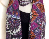Pashmina Wool Scarf,100 Wool Wrap,White Purple and Orange Shawl,Floral Wrap,Holiday Gift