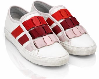 Italian Designer Ferragamo slip ons Sneakers Women | Rare Pink Red bow slip on Sneakers | Leather slides Shoes | Y2K Luxury Flats
