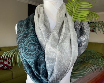 Silk Pashmina wrap shawl, Ombre scarf, Blue silver gray , Modern style, chakras paisleys