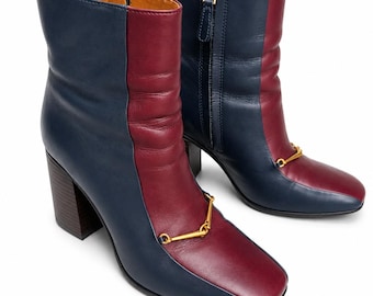 Tory Burch Colorblock Leather Ankle Boots – Navy & Burgundy Heeled Booties – Square Toe Gold Hardware Designer Boots Size 8M