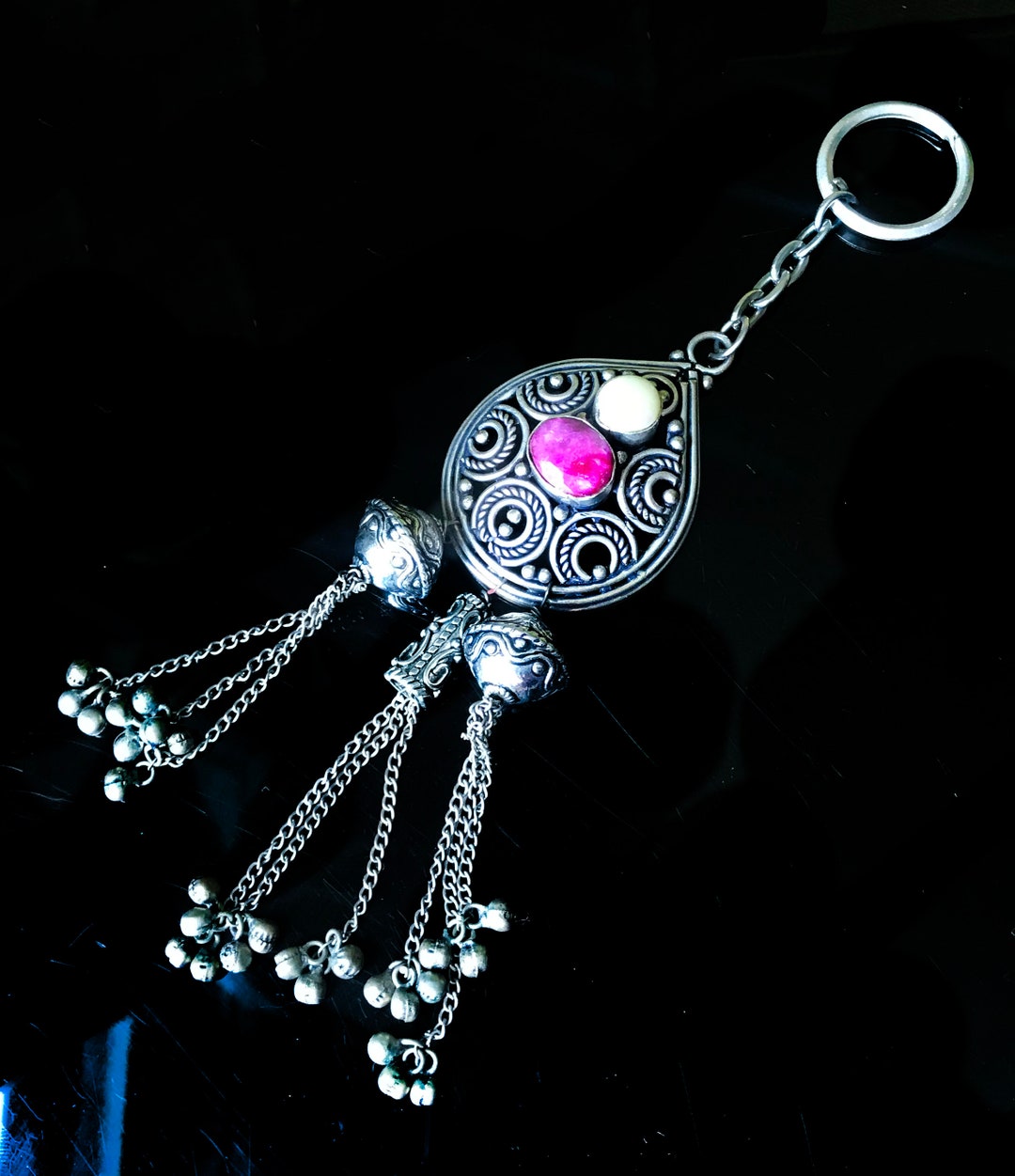 Antique Silver Wall Decor, Keyring, Keychain Ruby Pearl Silver Ghungroo