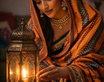 Handloom Wool Shawl: Orange Embroidered Mirrorwork warm wool Wrap