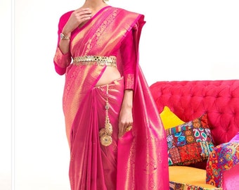 Fuchsia pink Silk Sari, Purple Pink Gold Banarsi saree, Vintage fabric brocade silk India