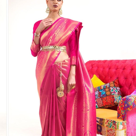 Fuchsia pink Silk Sari, Purple Pink Gold Banarsi … - image 1