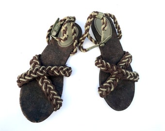 Greek Sandals eco sustainable cork sole Vintage ankle wrap beach sandals green brown