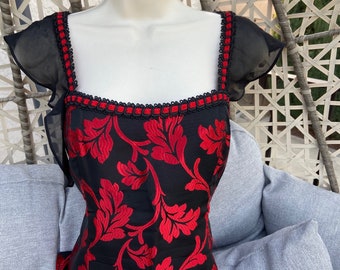 Vintage Corset top red & black rare embroidered, bustier top brocade like material OOAK US size 8 Medium 1940's style Unique