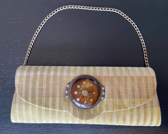 Purse Clutch silk, Woven striped Cambodian Silk , Beige brown handbag, evening clutch embellished with chain