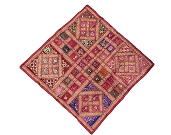 Kucch embroidered wall hanging, table runner Square, Burgundy Red Maroon Large Rajasthani Gujrati decoration