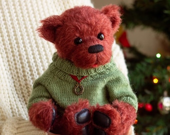 Artist bear. Handmade teddy bear. Red mohair bear. Christmas bear. One of a kind Art doll.