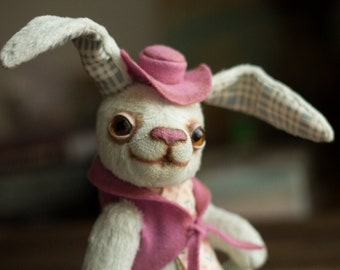 Handmade light green rabbit 7 inches with pink hat and vest, artist toy bear, alice in wonderland