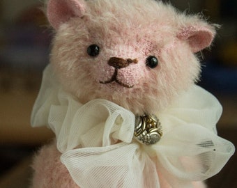 Artist pink teddy bear 7.9 inches with collar, ooak handmade plush bear