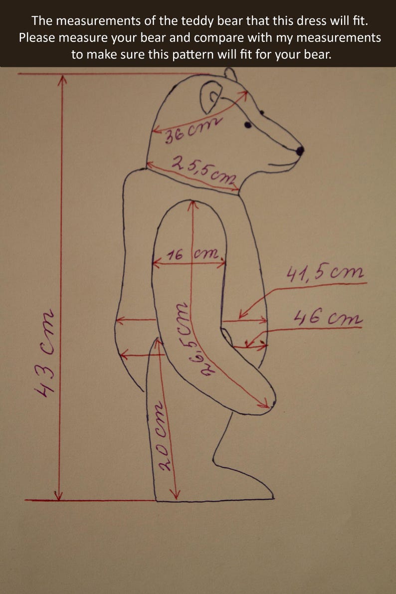 Klasyczny wzór na ubranka dla misia w formacie PDF, wzór na sukienkę dla pluszowego zwierzęcia, wzory do szycia dla artystycznego misia 43 cm zdjęcie 4