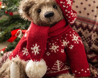 Artist bears, classic mohair teddy bear with growler, handmade christmas teddy bear, large bear with clothes, ooak bear, large artist bear