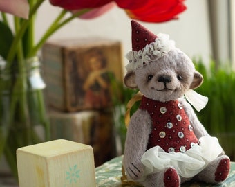 OOAK artist bear 5.5 inches or 14 cm with cap and dress, handmade lilac small teddy bear, plush stuffed doll toy animal