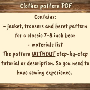Pu&ograve; includere: Un download digitale per un modello di abbigliamento PDF per un orso di 7-8 pollici. Il modello include una giacca, pantaloni e berretto, oltre a un elenco di materiali. Il modello non include istruzioni passo passo.