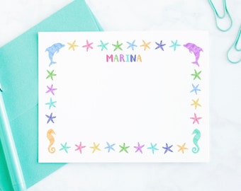 Girls Stationery Set for Children, Starfish Personalized Stationary for Girls, Kids Stationery Thank You Cards, Note Cards with Envelopes