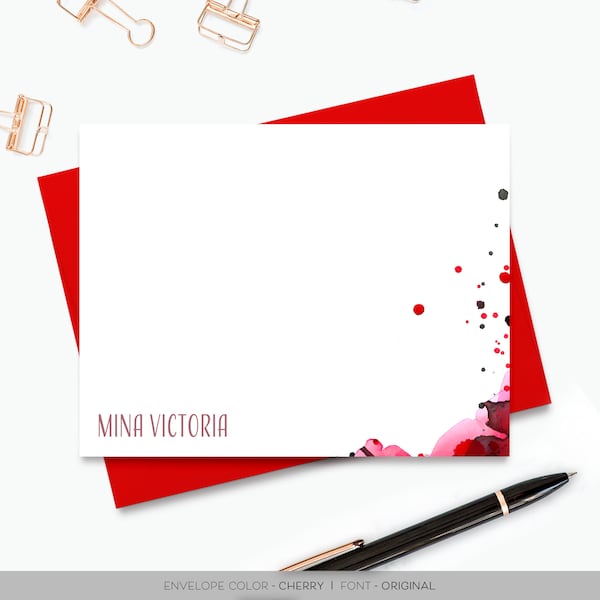 Modern Watercolor Notecards, Personalized Stationery Set, Flat Note Cards, Custom Stationery, Red Watercolor Stationery, Gothic Stationery