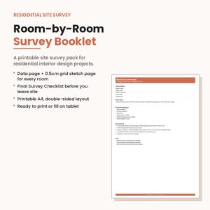 Puede incluir: Un folleto imprimible de levantamiento de sitio residencial para proyectos de diseño de interiores. El documento incluye una sección de detalles del proyecto, una lista de equipo esencial, instrucciones de uso y consejos. Incluye una página de bocetos con cuadrícula de 0,5 cm.