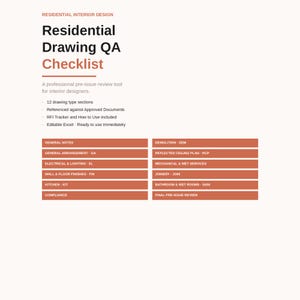 Könnte beinhalten: Ein Residential Drawing QA Checklist Dokument für Innenarchitekten. Es enthält einen Titel, eine Beschreibung des Werkzeugs und eine Liste von zwölf Abschnitten, darunter allgemeine Hinweise, Abbruch, Anordnung und Elektroplanung.