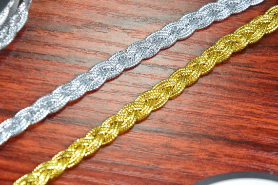 【threetimes】25HS★ Braid Ribbon Bag Braided Ribbon,3 Yards Plaited Narrow Braid, Gold/silver
