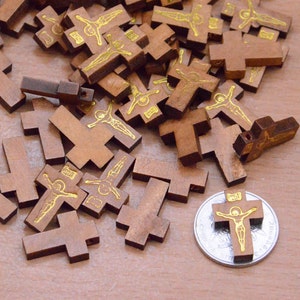30pcs 22x15mm brown wood cross,cross shape brown wooden bead with gold Jesus design supply,wooden cross link craft,mini wooden charms
