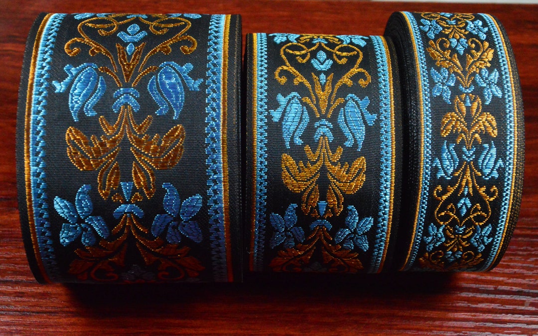 thumbnail image 2 of 11 Yard Floral Jacquard Ribbon - Purple Blue Woven Trim 0.86 Inch Wide 2 of 13