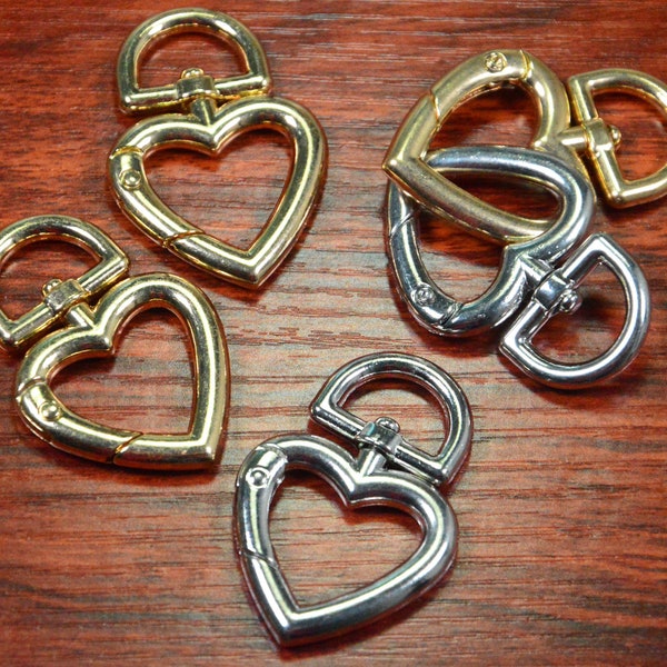 2 Stück große Herz Karabinerverschluss, gold / silberne Herz-Drehverschluss, gold Herz-Klauenhaken-Federverschluss