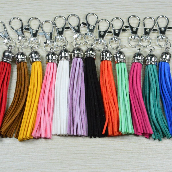 2pcs silver cap tassels,Vegan Suede Faux Leather Wire Wrapped Tassel Keychain,large leather tassel with Lobster Clasp.