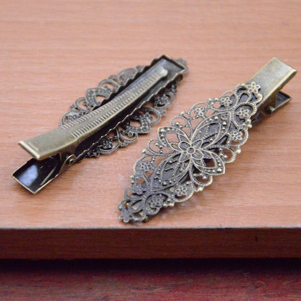 20pcs antique bronze Hair Clips with filigree flower pad,Barrette clip,hairpin findings,metal hair clip.