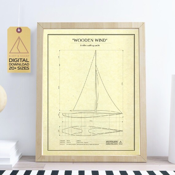 sailing yacht print technical drawing old paper blueprint wall art lounge decor boats poster wind printable art digital download blueprint paper printable