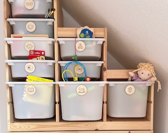 Storage tags for toys in the nursery or playroom made of wood