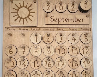 Waldorf Montessori permanent calendar made of beech wood in basic font