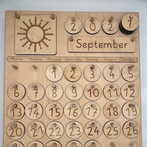 Waldorf Montessori permanent calendar made of beech wood in basic font