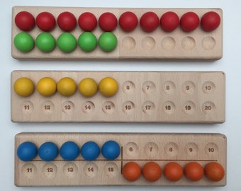 Montessori 2x10er Reihe 20er Reihe aus Holz auf Wunsch mit bunten Holzkugeln
