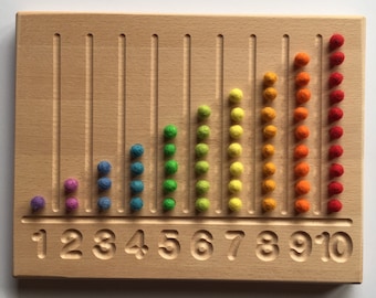 May include: A wooden counting board with ten rows of colorful felt balls. Each row has a different color, starting with purple and ending with red. The numbers 1 through 10 are printed below each row.