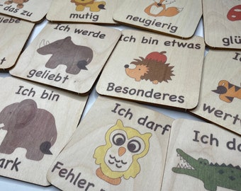 Affirmationskarten für Kinder aus Holz mit bunten Tieren nach Montessori