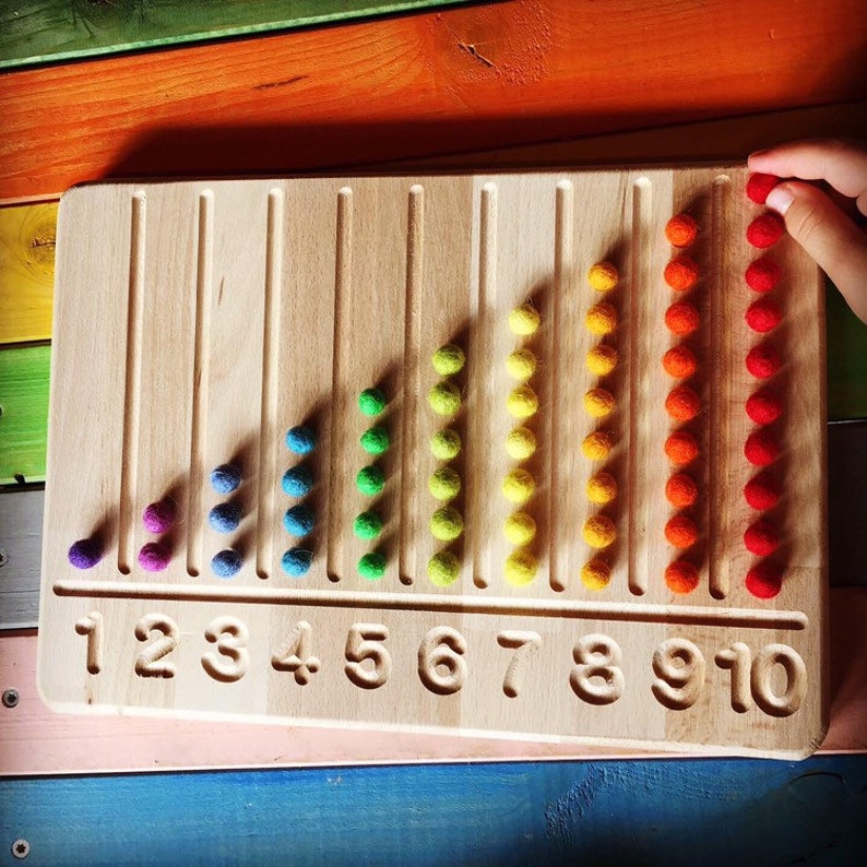 Montessori number tracing board made of beech wood Filzkugeln/feltballs