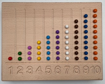 May include: A wooden board with ten rows of colored beads. Each row has a different number of beads, starting with one red bead and increasing to ten orange beads. The numbers 1 through 10 are printed below each row.