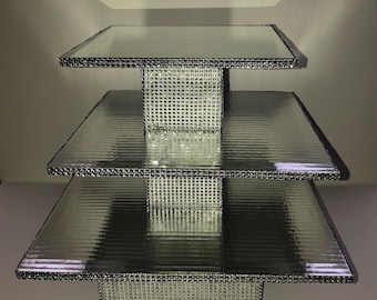 CUPCAKE STAND BLING Silver Square Fully Assembled Featuring Mirror On Top Tier